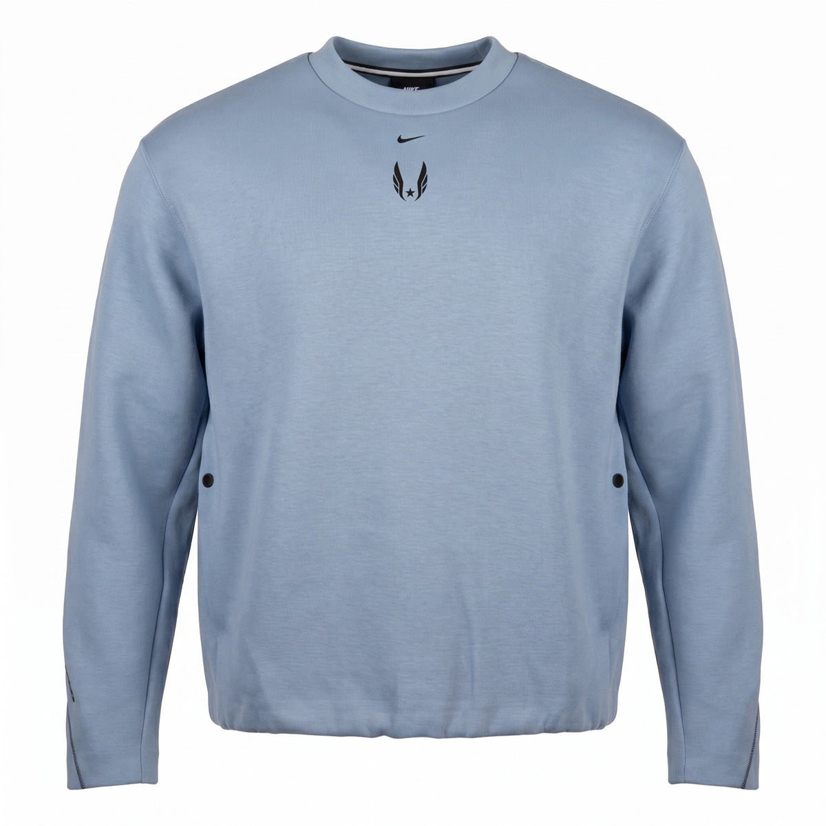 Light blue sweatshirt with a logo on a white background