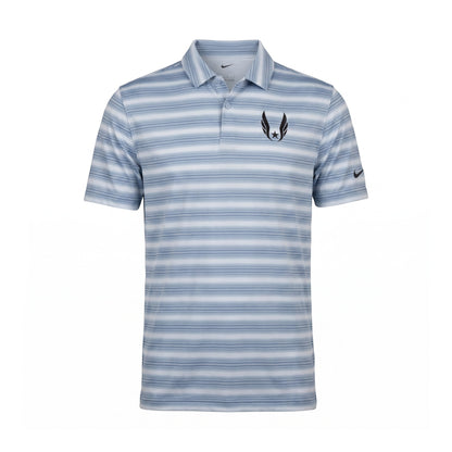 Blue and white striped Nike polo shirt with USA Track & Field wing logo on wearer's left chest on a white background