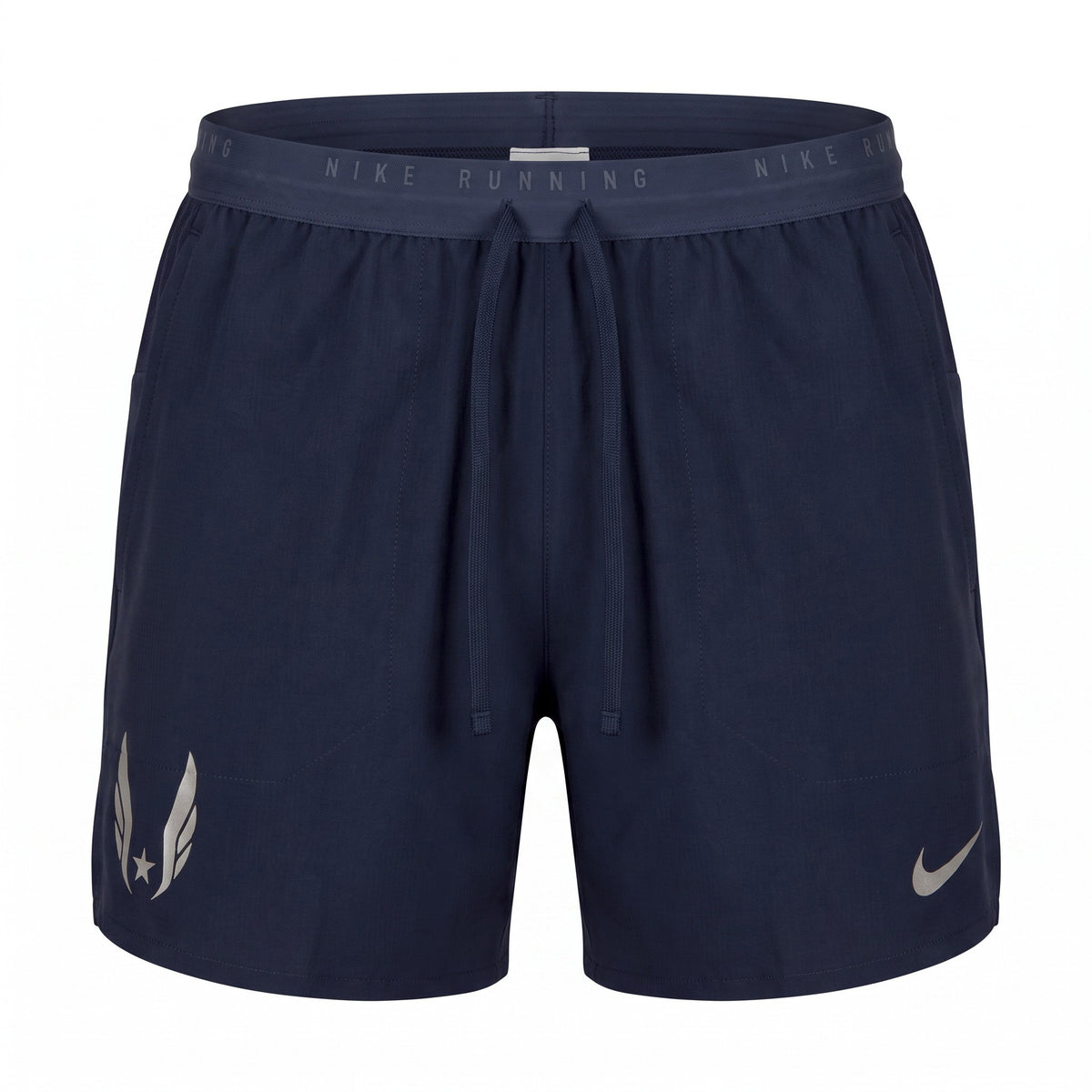 Navy blue 5 inch Nike running shorts with a drawstring waist and elastic waistband, featuring a silver reflective USA Track & Field Federation logo on the wearer's right leg and a silver reflective Nike swoosh on the wearer's left leg.