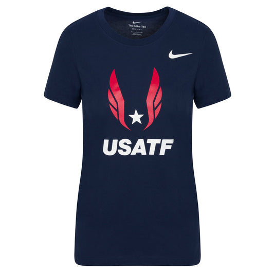 Navy blue t-shirt with USATF logo and Nike branding on a white background
