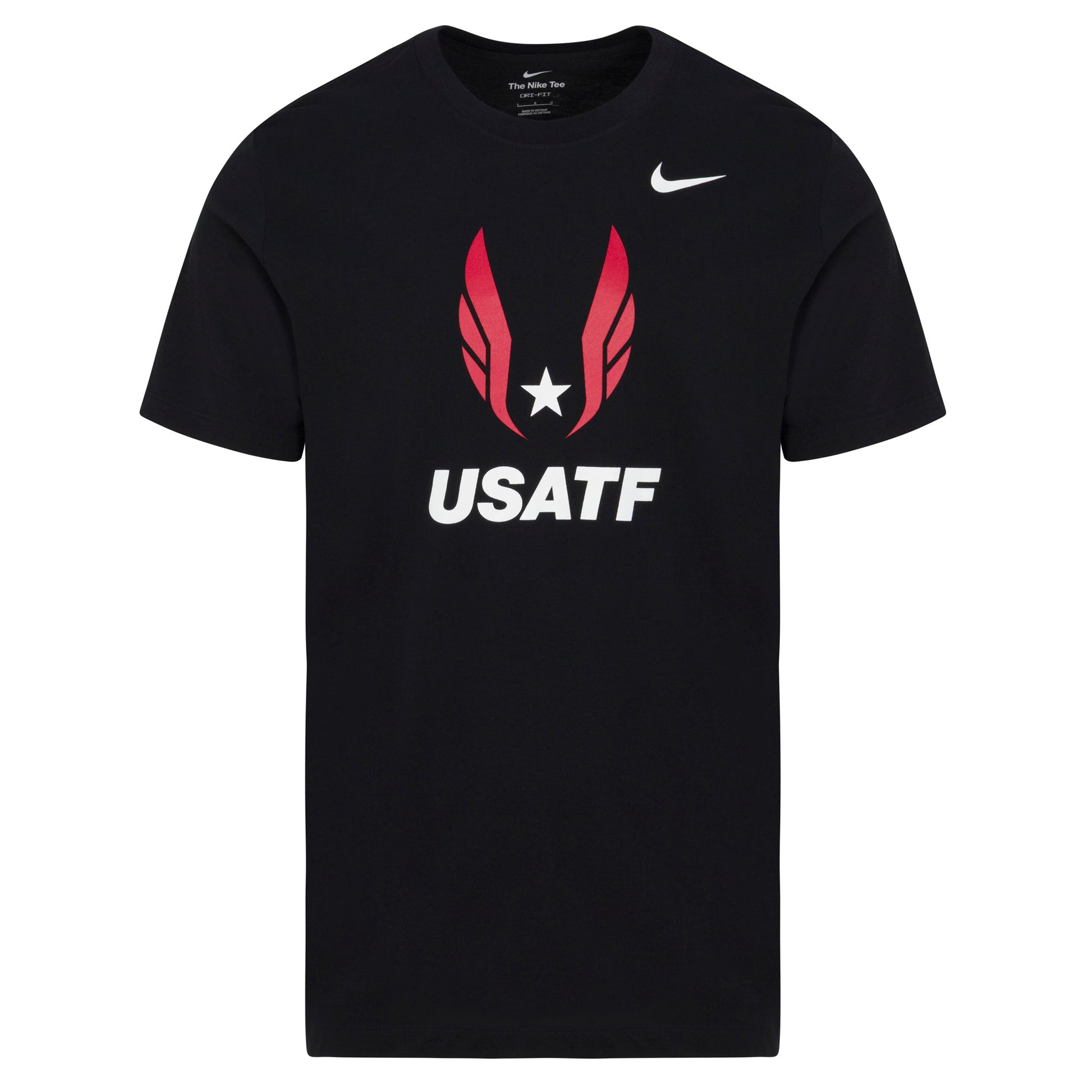 Black t-shirt with USATF logo on a white background