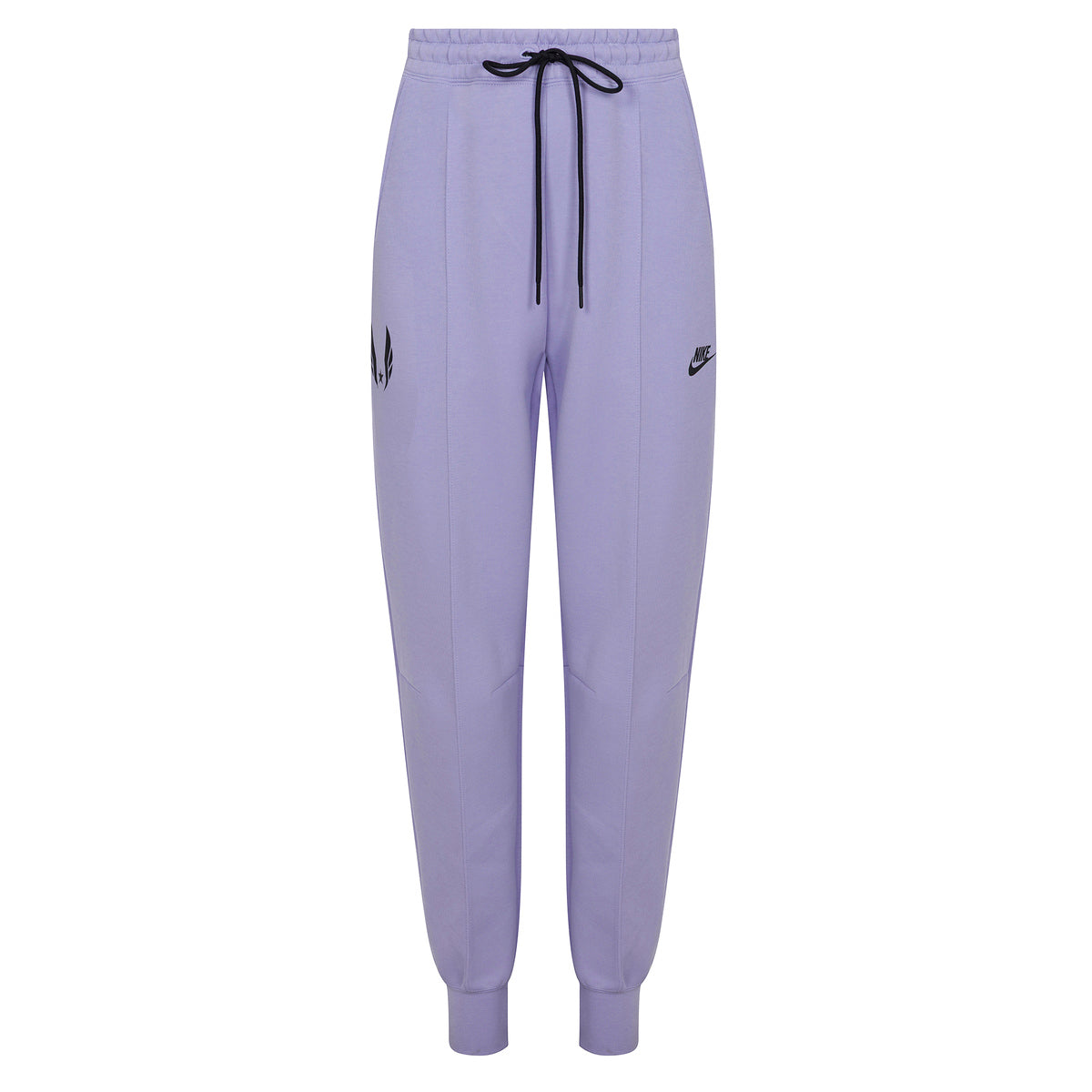 Purple jogger pants with a brand logo on a white background