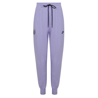 Purple jogger pants with a brand logo on a white background