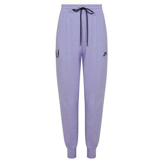 Purple jogger pants with a brand logo on a white background