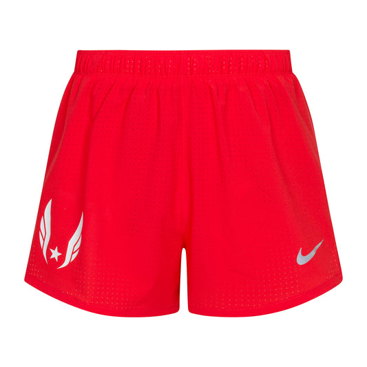 Red shorts with white logo on a white background
