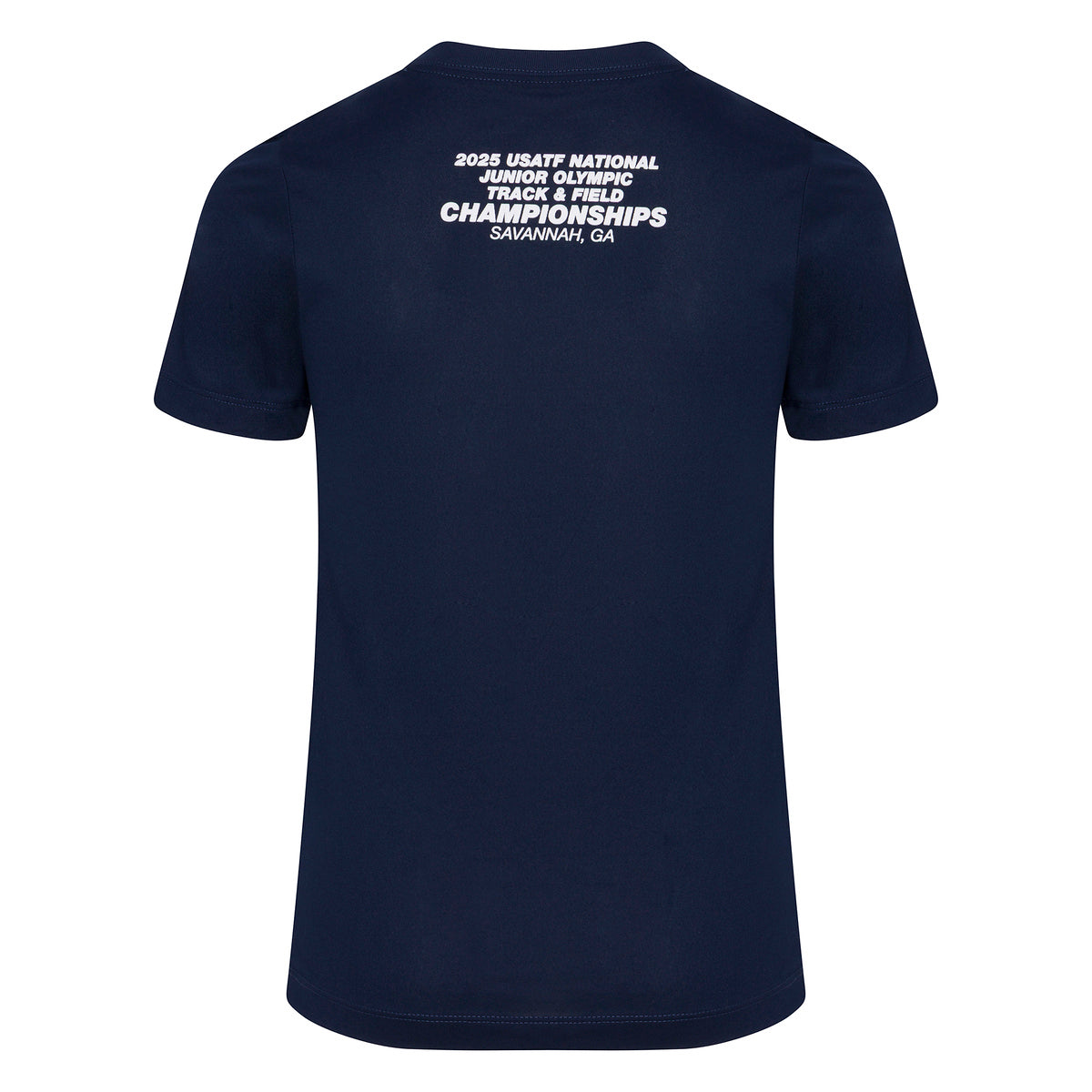 Navy blue t-shirt with white text on the back on a white background