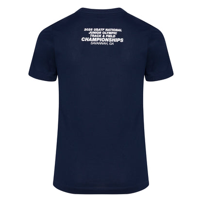 Navy blue t-shirt with white text on the back on a white background