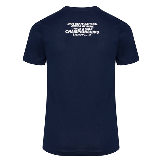 Navy blue t-shirt with white text on the back on a white background