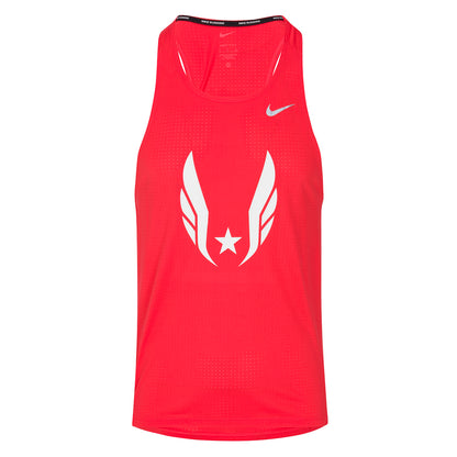 Red tank top with a white logo on a white background