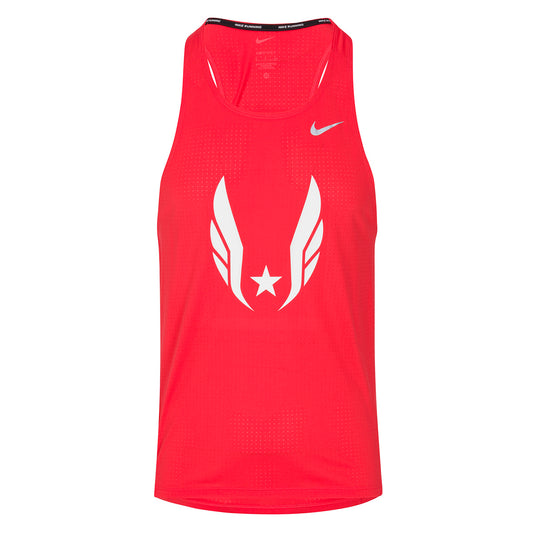 Red tank top with a white logo on a white background