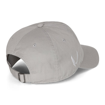 Gray cap with a logo on the back against a white background