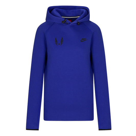 Blue hoodie with a brand logo on a white background