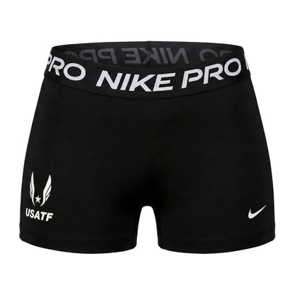 Black Nike Pro athletic shorts with a gray logo-patterned waistband, featuring a white USATF logo on the left leg and a gray Nike swoosh on the right leg.