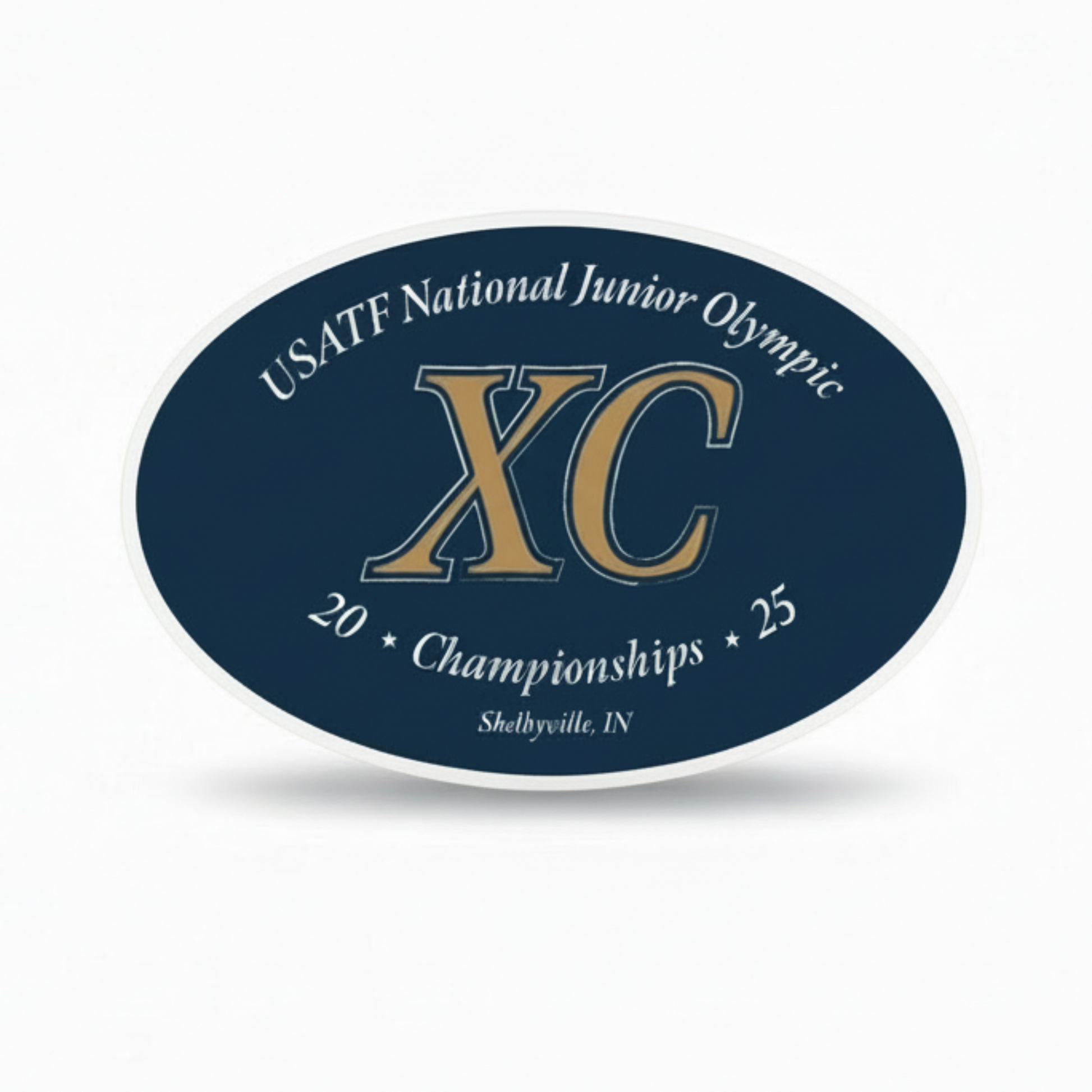 Oval sticker with USATF National Junior Olympic XC Championships text on a blue background