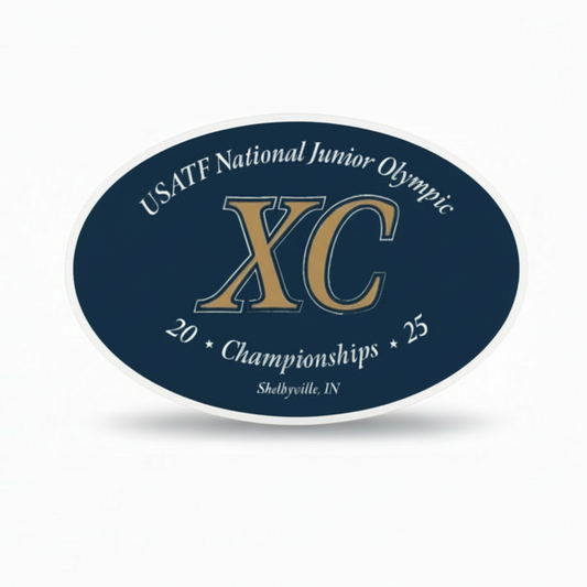 Oval sticker with USATF National Junior Olympic XC Championships text on a blue background