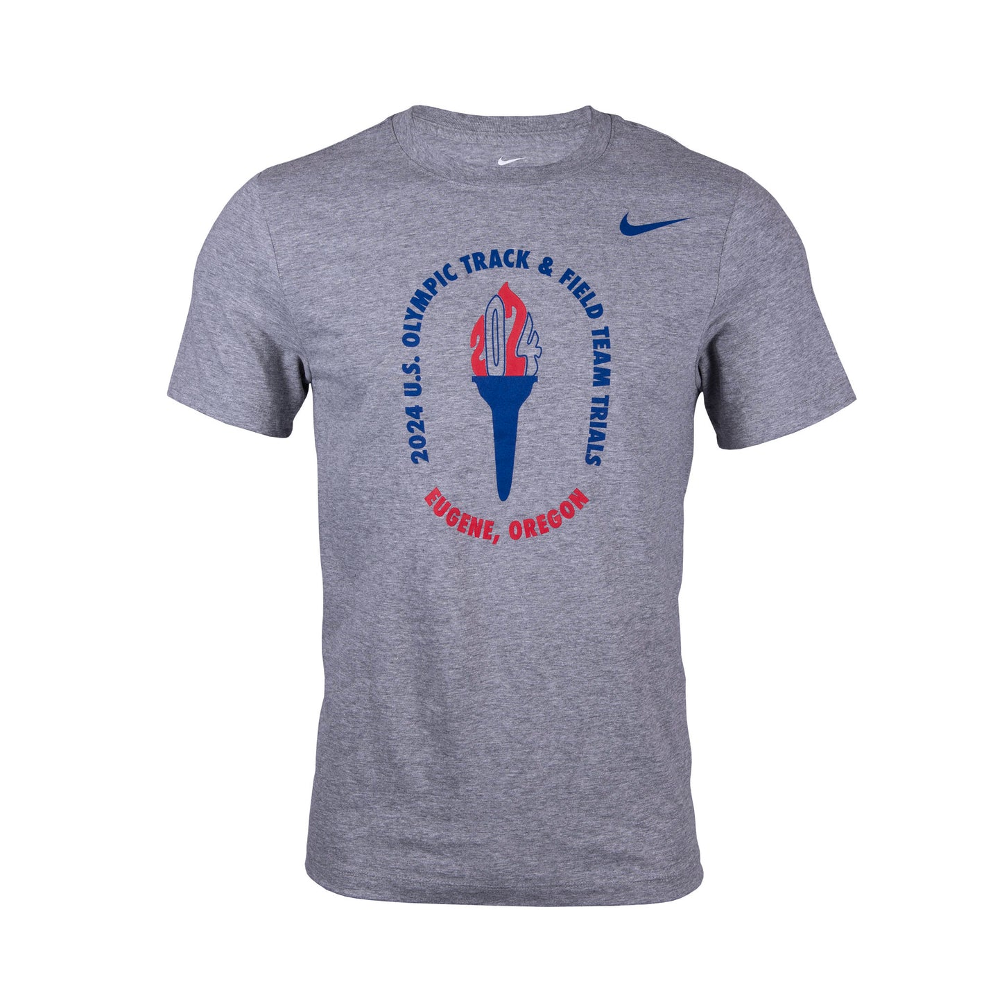 A gray Nike T-shirt with a graphic of a torch and text related to the 2024 U.S. Olympic Team Trials.
