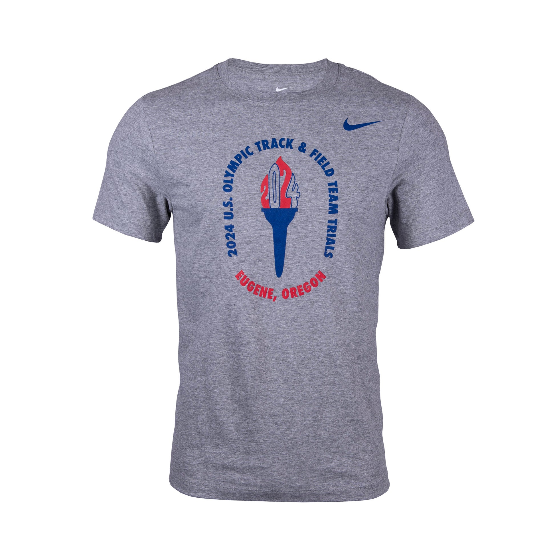 A gray Nike T-shirt with a graphic of a torch and text related to the 2024 U.S. Olympic Team Trials.