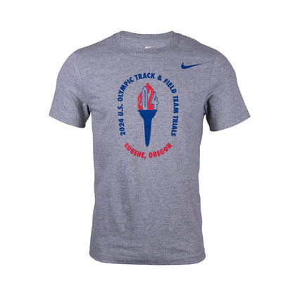 A gray Nike T-shirt with a graphic of a torch and text related to the 2024 U.S. Olympic Team Trials.