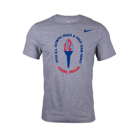 A gray Nike T-shirt with a graphic of a torch and text related to the 2024 U.S. Olympic Team Trials.