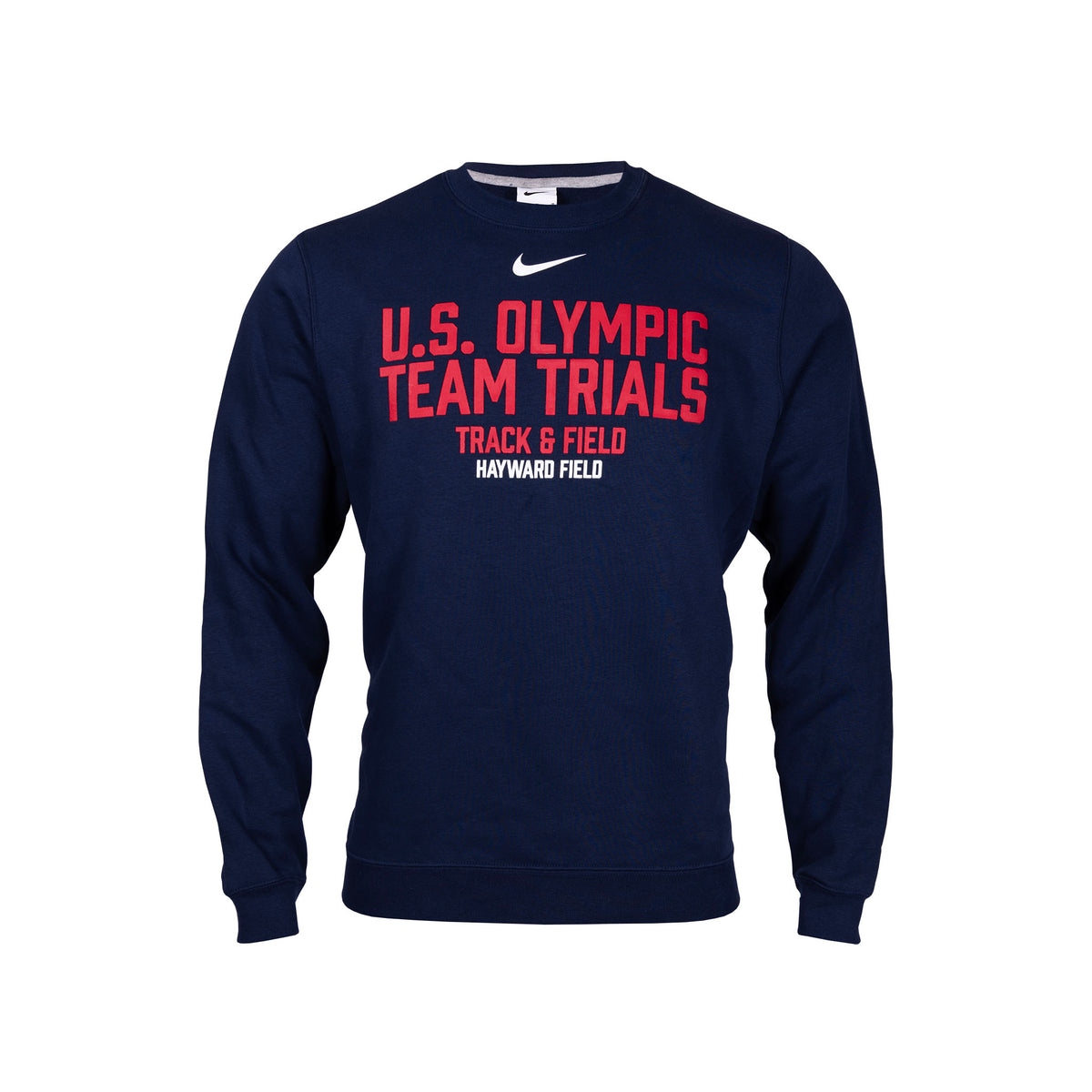 A navy blue crew neck sweatshirt with 'U.S. Olympic Team Trials Track & Field Hayward Field' printed in red text.