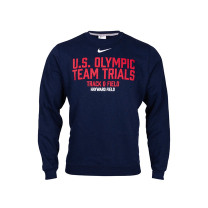A navy blue crew neck sweatshirt with 'U.S. Olympic Team Trials Track & Field Hayward Field' printed in red text.