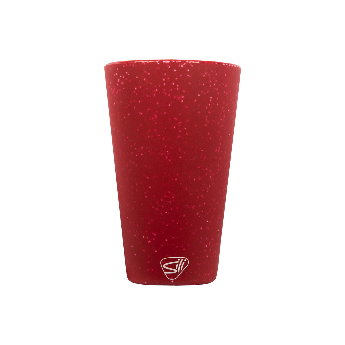 A red speckled silicone pint glass with a small white Silipint logo near the base, shown on a plain white background.