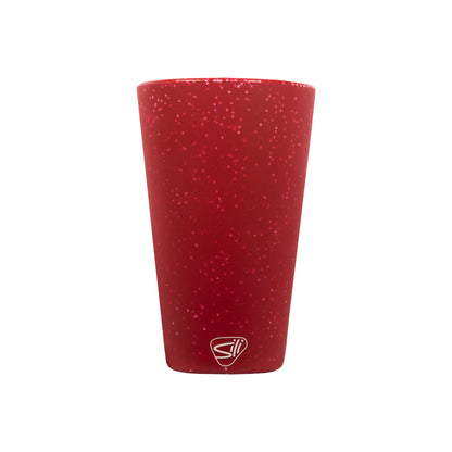 A red speckled silicone pint glass with a small white Silipint logo near the base, shown on a plain white background.