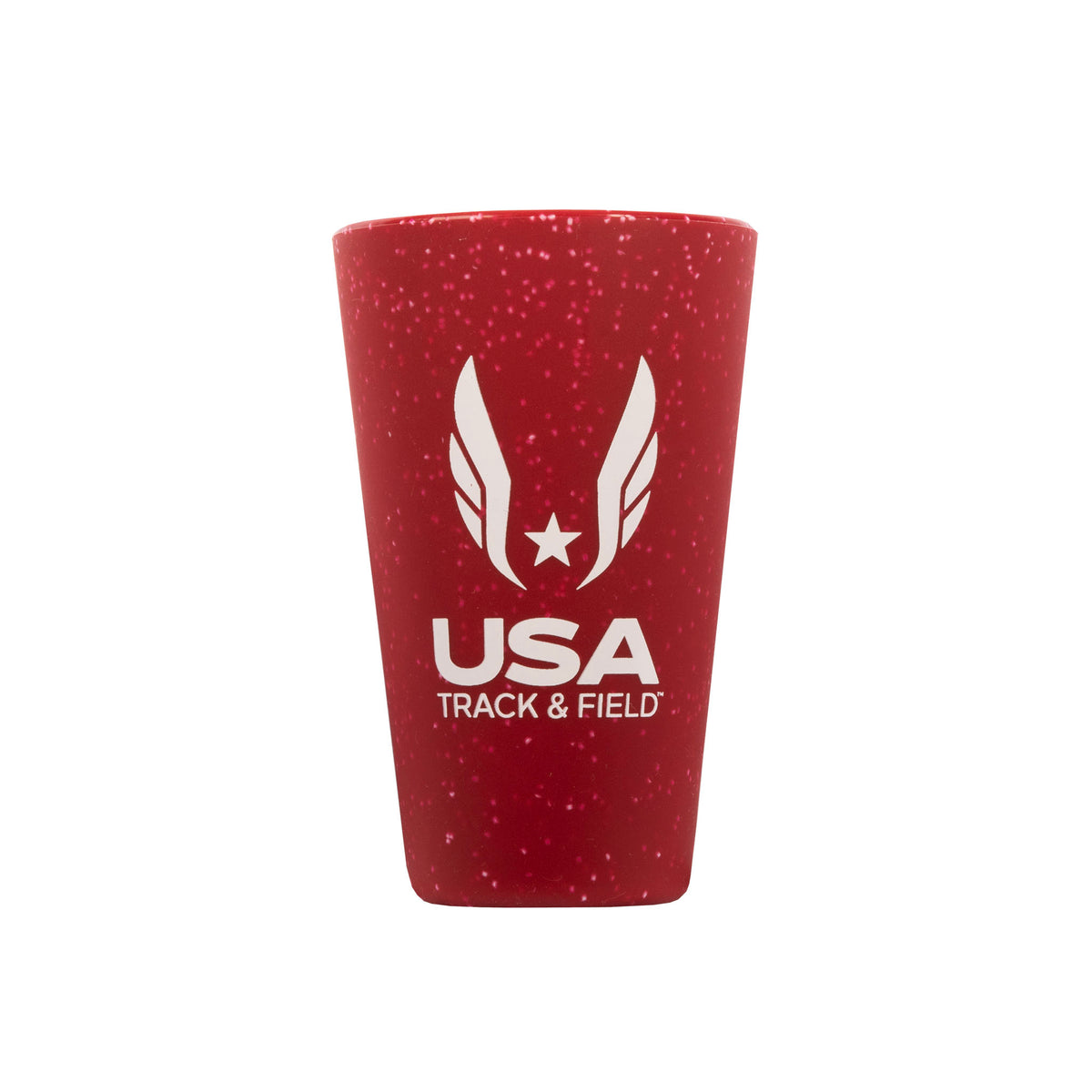 A red speckled silicone pint glass featuring the white USA Track & Field wings logo and text, set against a plain white background.