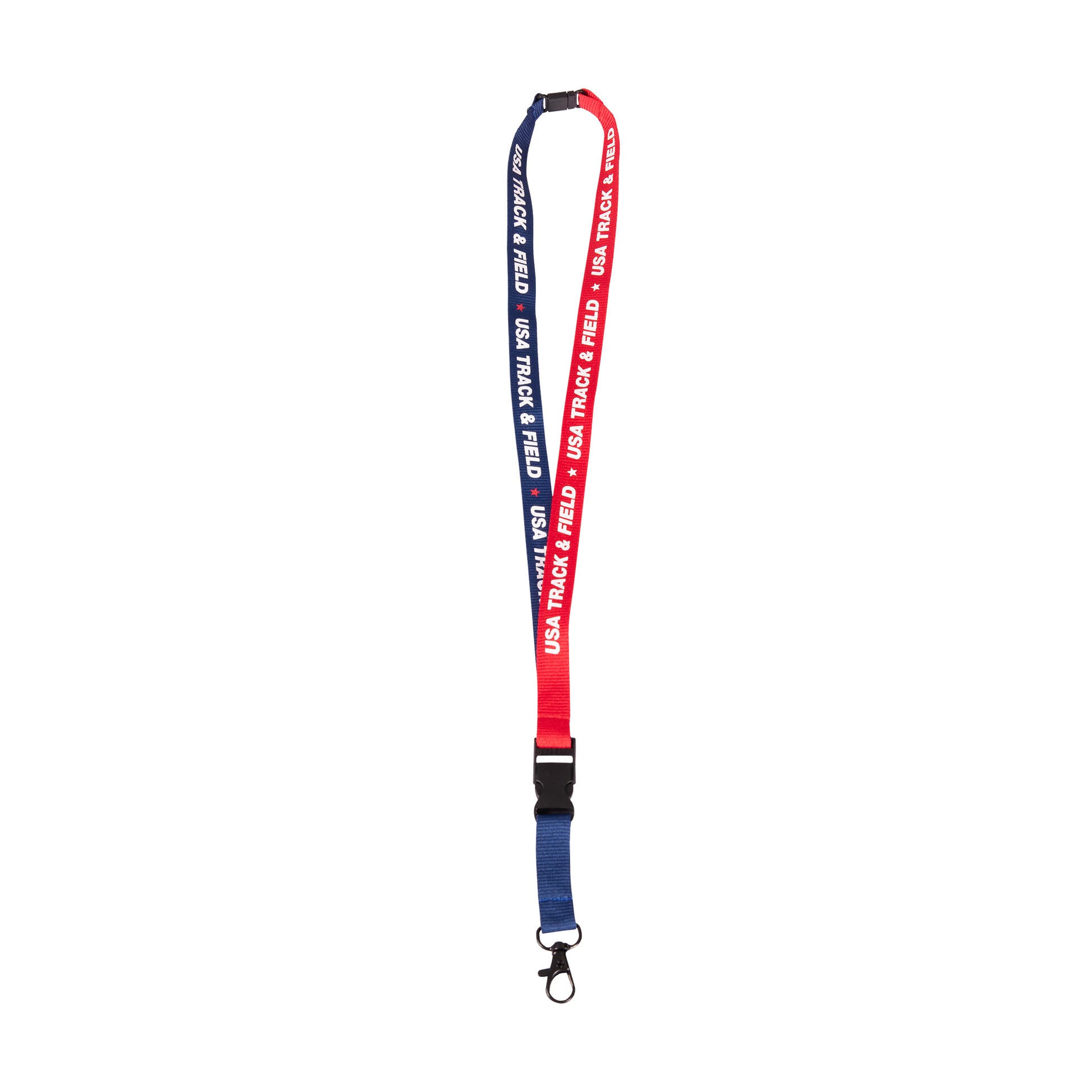 Red and navy lanyard with 'USA Track & Field' branding on a white background