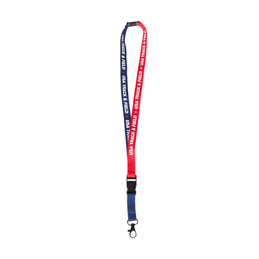 Red and navy lanyard with 'USA Track & Field' branding on a white background