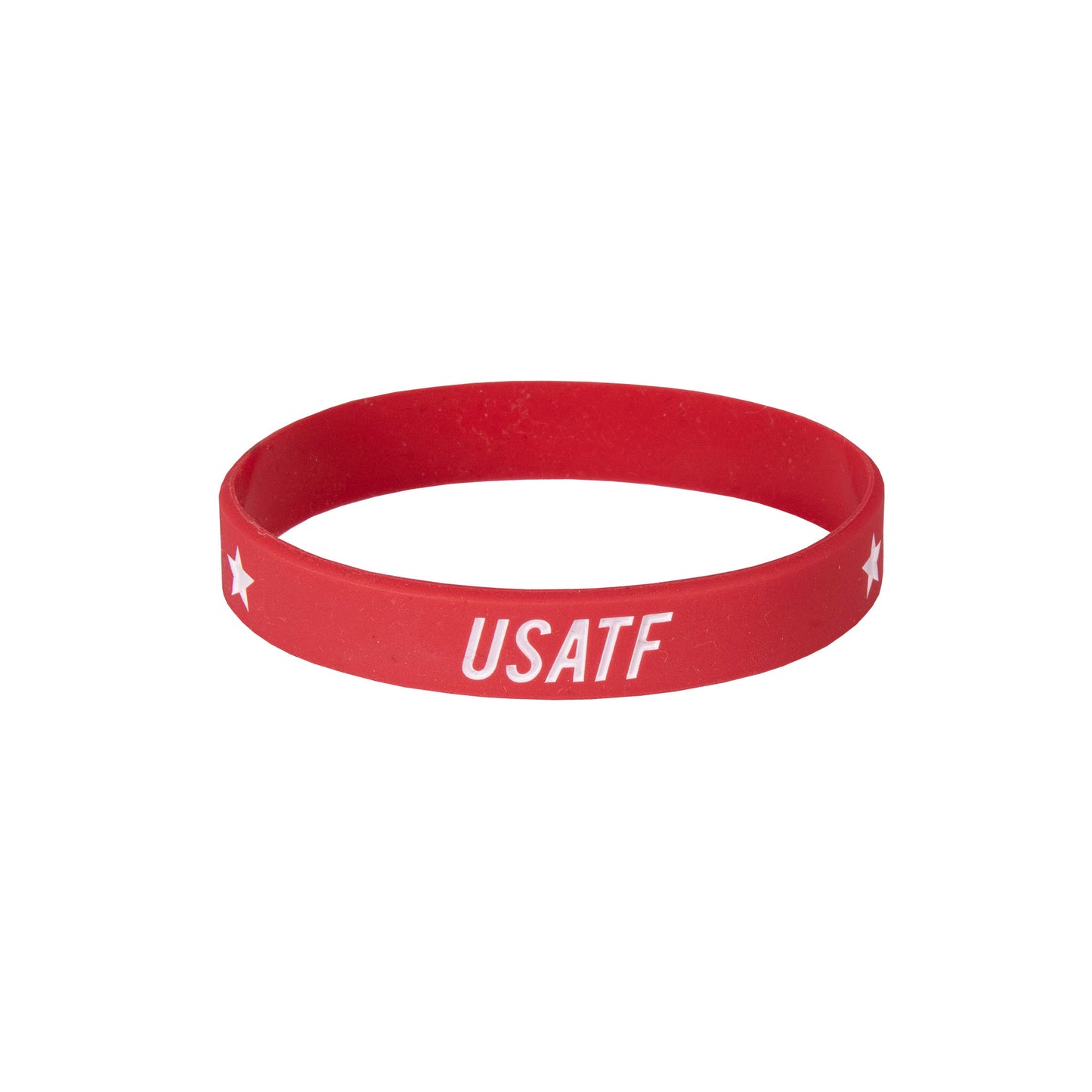 Red wristband with 'USATF' text on a white background