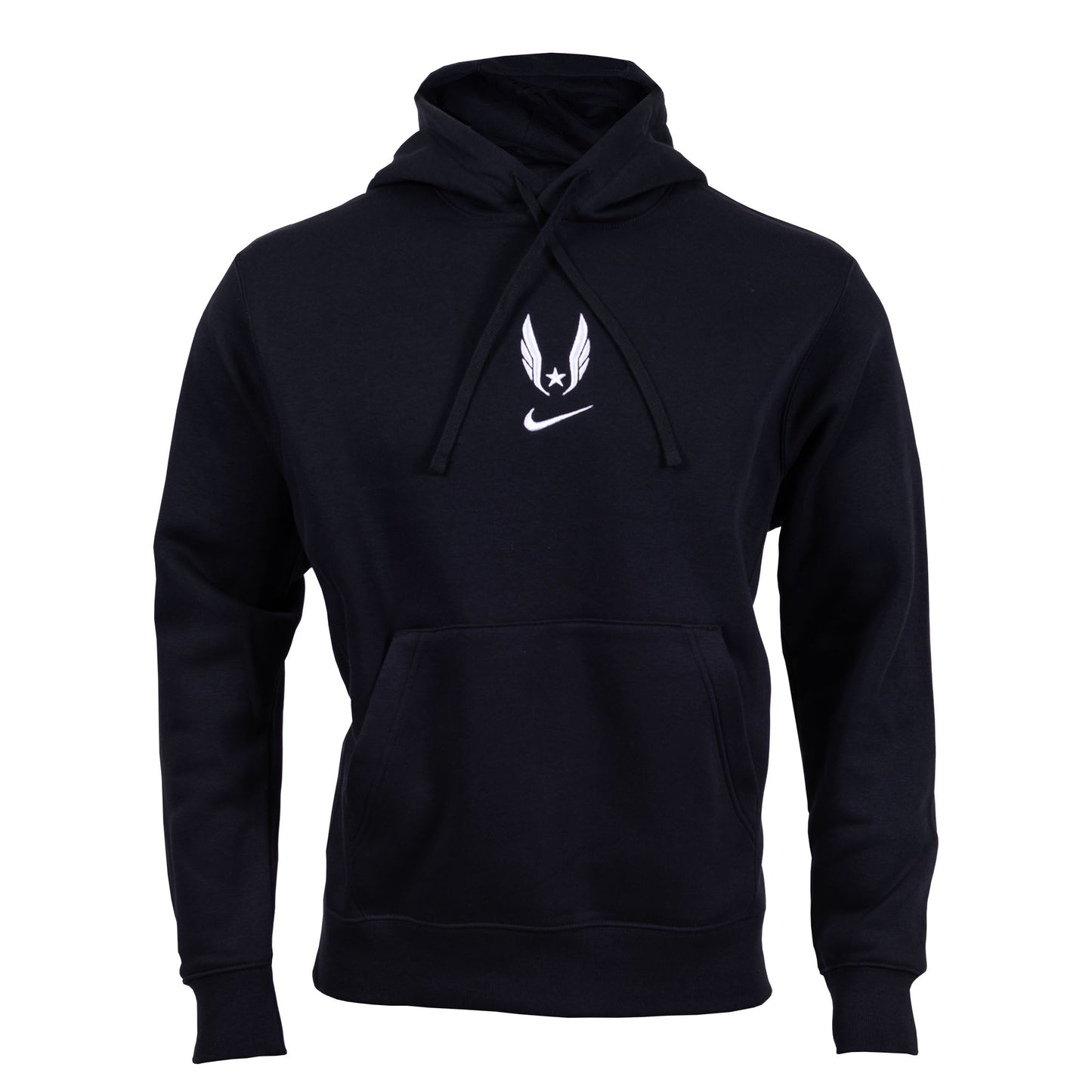 A black Nike USATF Sportswear Club Fleece Hoodie with the brand's logo on the front.