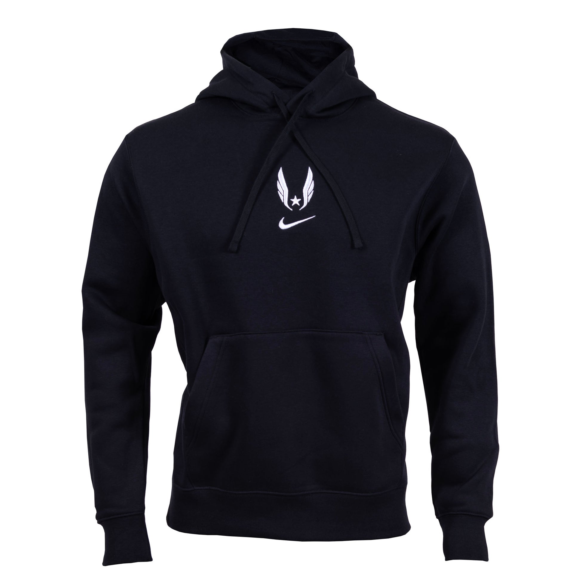 A black Nike USATF Sportswear Club Fleece Hoodie with the brand's logo on the front.