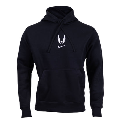 A black Nike USATF Sportswear Club Fleece Hoodie with the brand's logo on the front.