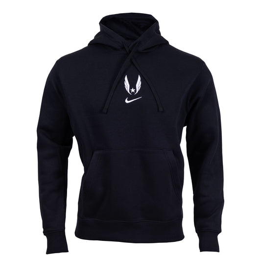 A black Nike USATF Sportswear Club Fleece Hoodie with the brand's logo on the front.