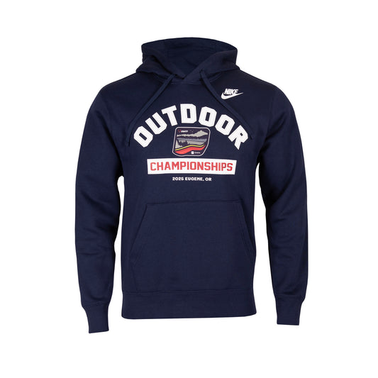 Navy blue hoodie with 'Outdoor Championships' text and Nike logo on a white background