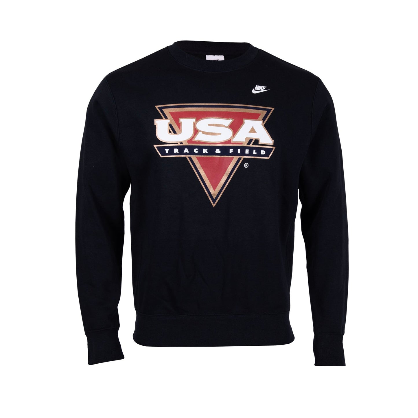 A black Nike Sportswear Club Fleece Crew sweatshirt with a 'USA Track & Field' logo on the front.