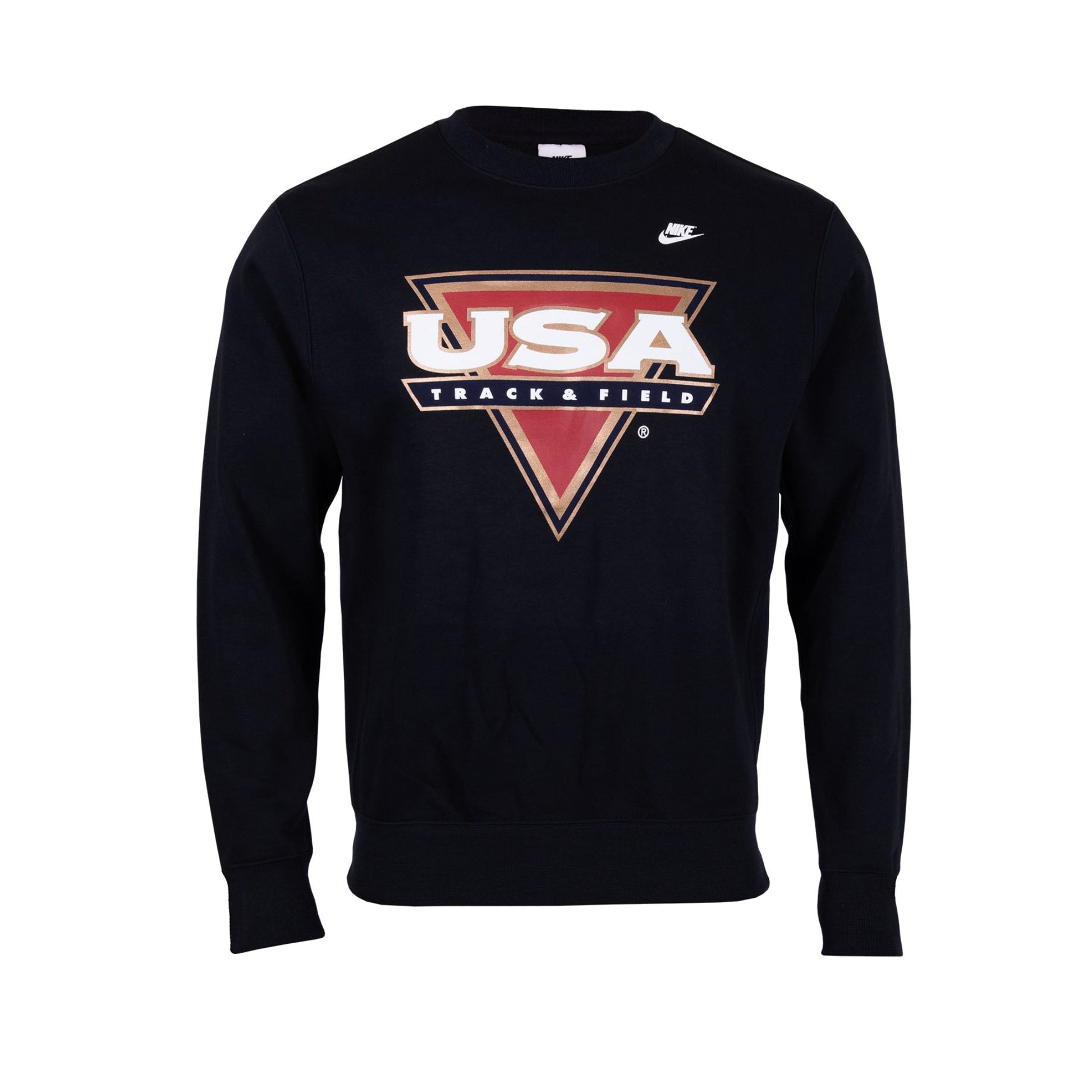 A black Nike Sportswear Club Fleece Crew sweatshirt with a 'USA Track & Field' logo on the front.