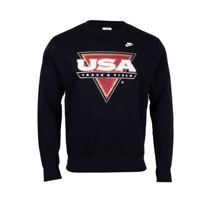 A black Nike Sportswear Club Fleece Crew sweatshirt with a 'USA Track & Field' logo on the front.