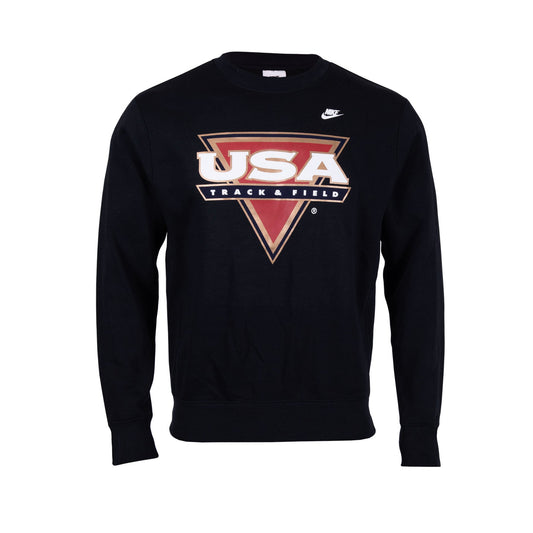 A black Nike Sportswear Club Fleece Crew sweatshirt with a 'USA Track & Field' logo on the front.
