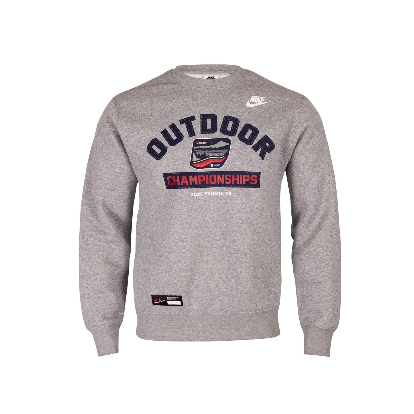 Gray sweatshirt with 'Outdoor Championships' text and Nike logo on a white background