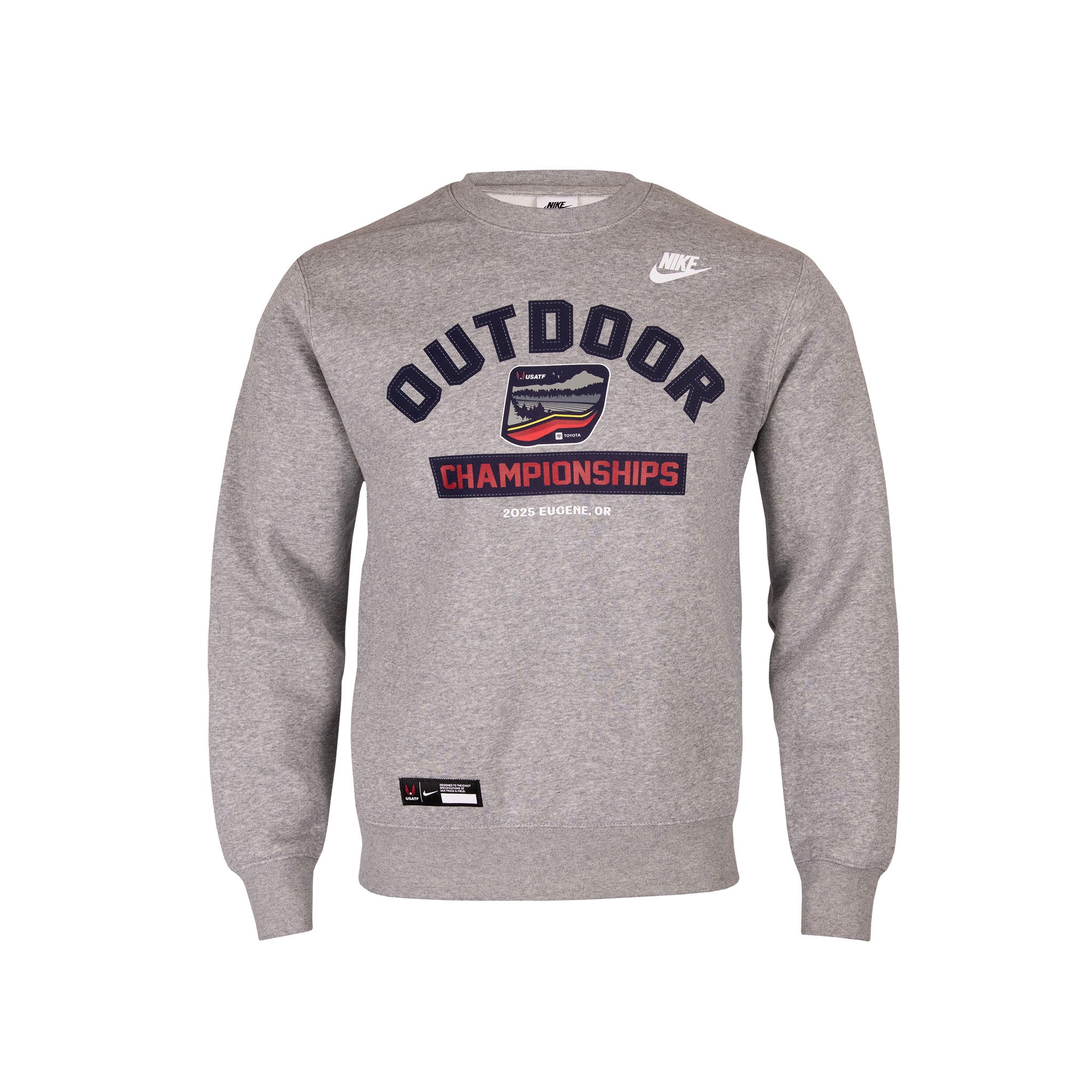 Gray sweatshirt with 'Outdoor Championships' text and Nike logo on a white background