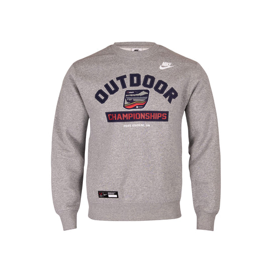 Gray sweatshirt with 'Outdoor Championships' text and Nike logo on a white background