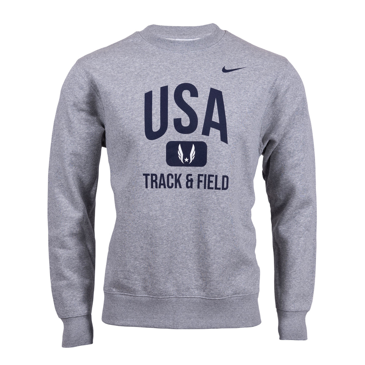 A grey Nike Sportswear Club Fleece Crew sweatshirt with 'USA TRACK & FIELD' text on the front.