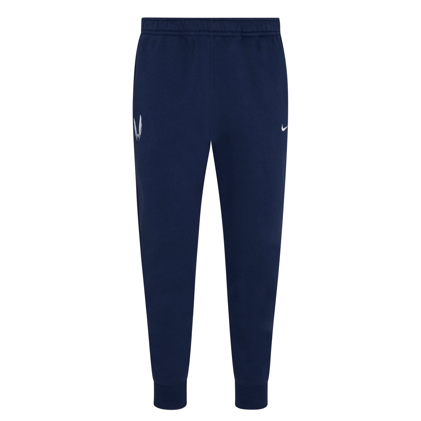 A pair of navy blue Nike Sportswear Club Fleece joggers with USATF Wing logo on right like and Nike Swoosh on left  leg.