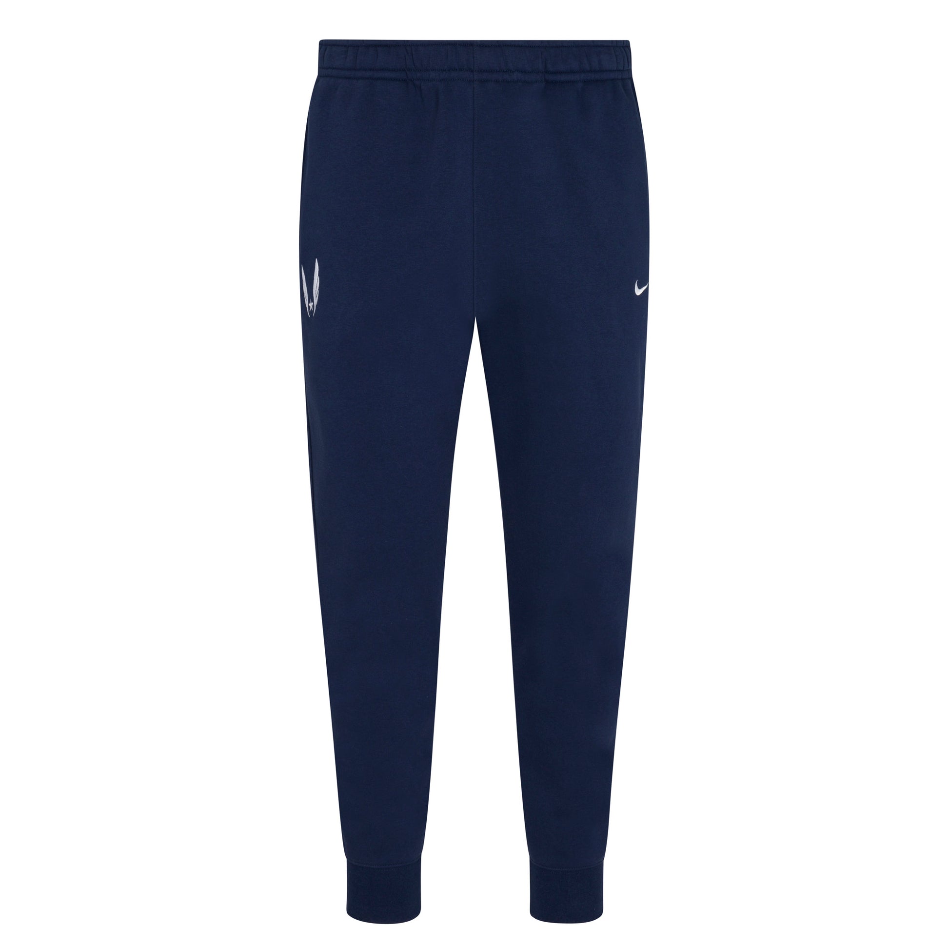 A pair of navy blue Nike Sportswear Club Fleece joggers with USATF Wing logo on right like and Nike Swoosh on left  leg.