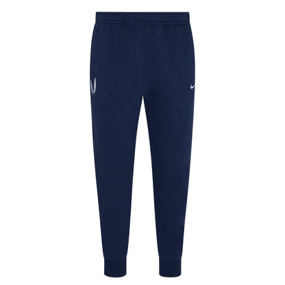 A pair of navy blue Nike Sportswear Club Fleece joggers with USATF Wing logo on right like and Nike Swoosh on left  leg.