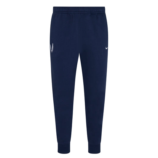 A pair of navy blue Nike Sportswear Club Fleece joggers with USATF Wing logo on right like and Nike Swoosh on left  leg.