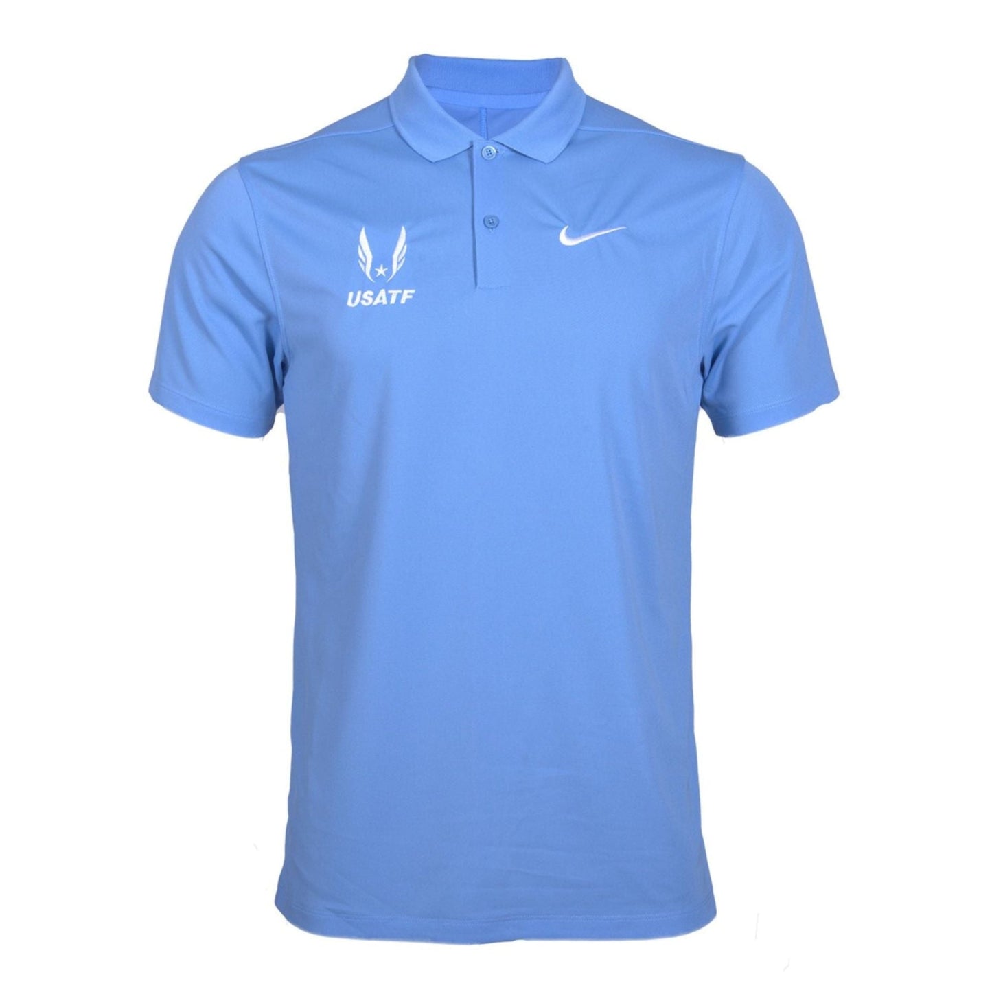 A light blue Nike USATF Men's Dri-FIT Victory Polo shirt with a collar, short sleeves, and a two-button placket.