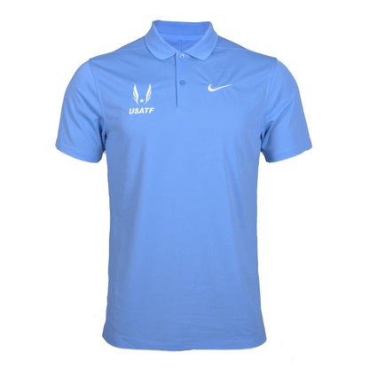 A light blue Nike USATF Men's Dri-FIT Victory Polo shirt with a collar, short sleeves, and a two-button placket.